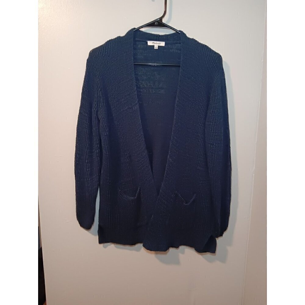 Madewell Blue Linen Blend Postscript Open Cardigan Sweater Knit Pocketed Small